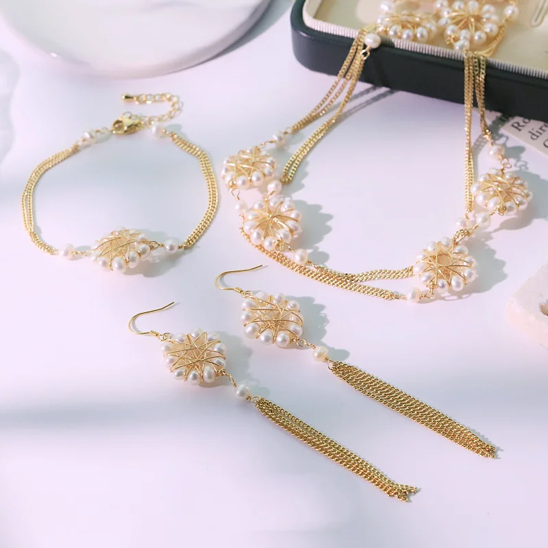 

Natural Freshwater Pearl Woven Flower Set Sweater Chain Bracelet Long Tassel Drop Earrings Necklace for Women Luxury Jewelry