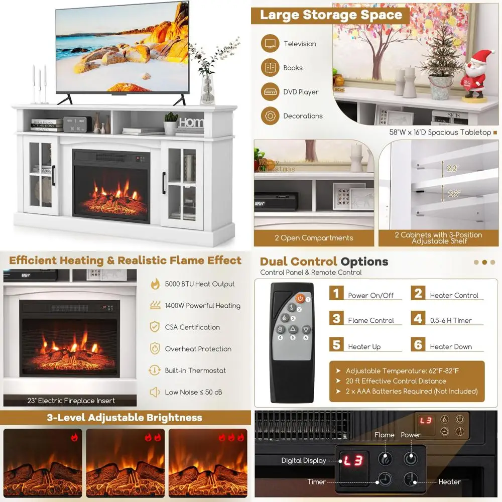 

Electric Fireplace TV Stand for 65 TVs, Entertainment Center with 23 Insert, Adjustable Flames, Modern Media Storage