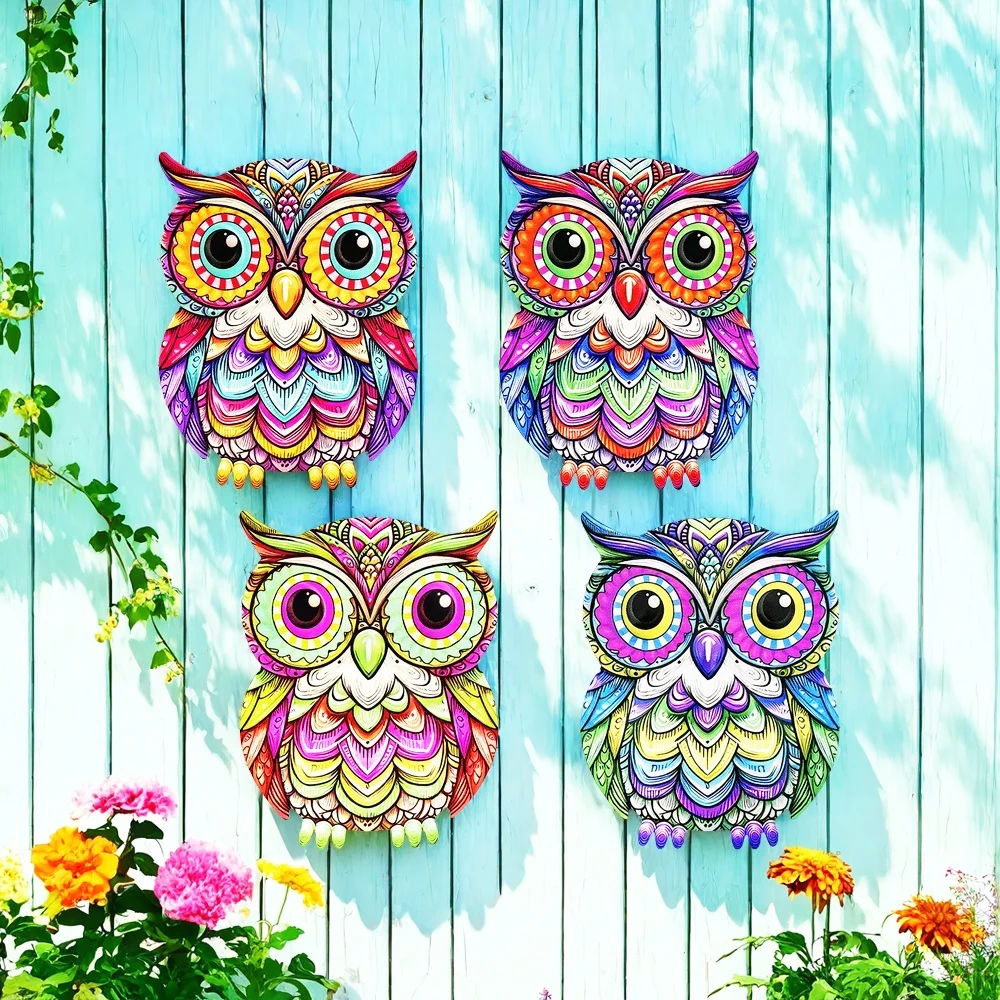 لافتة للنظر المعادن الفن البومة جدار ديكور ملون الحديد الفن البومة المنحوتات البومة معلقة حلية للخارجية المنزل ساحة حديقة سياج