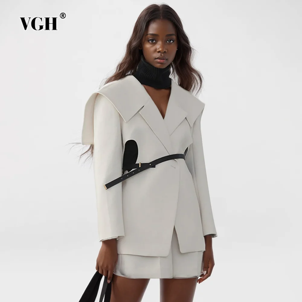 

VGH Solid Hollow Out Casual Blazers For Women Notched Collar Long Sleeve Patchwork Button Minimalist Blazer Female Fashion New