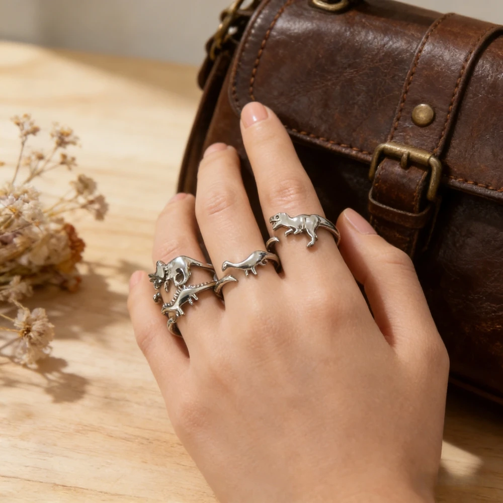 Image of 925 Silber Plattiertes Retro Niedliches Dinosaurier-Ringset, Umweltfreundlicher Kupfer Verstellbarer Tier-Ring Geeignet für Tägliches Geschenk