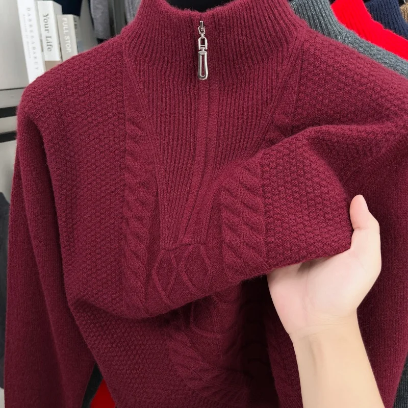 Luxury Man Long Sleeves Knitwear Mock Neck Thicken Zipper Winter New Warm Tops Non-deforming Leisure Quality Hot Men's Clothing
