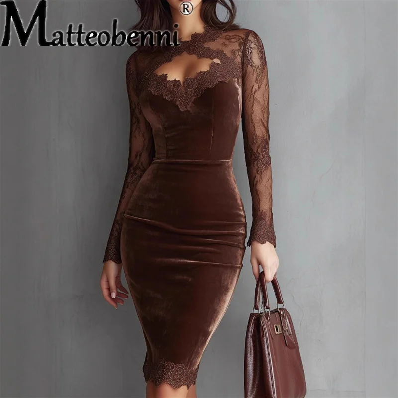 

Women's Elegant Sexy Lace Perspective Long Sleeve Dresses Female Casual Temperament V-Neck Ruffle Lace Patchwork Bodycon Gown