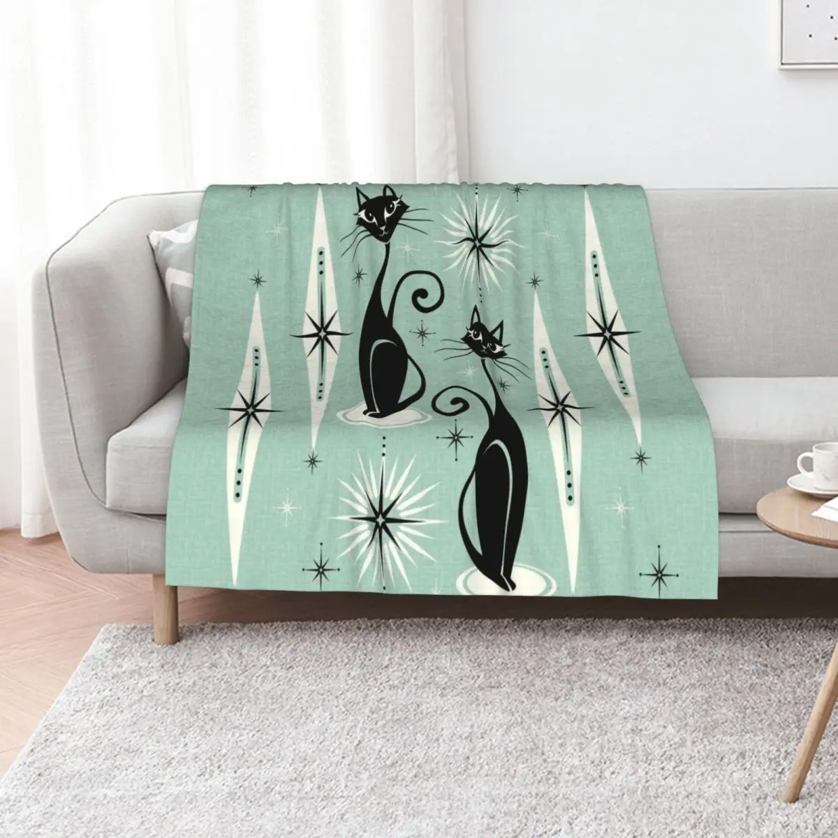 

Mid Century Meow Retro Atomic Cats on Vintage Mint studioxtine Throw Blanket Bed linens Cute Flannels Blankets