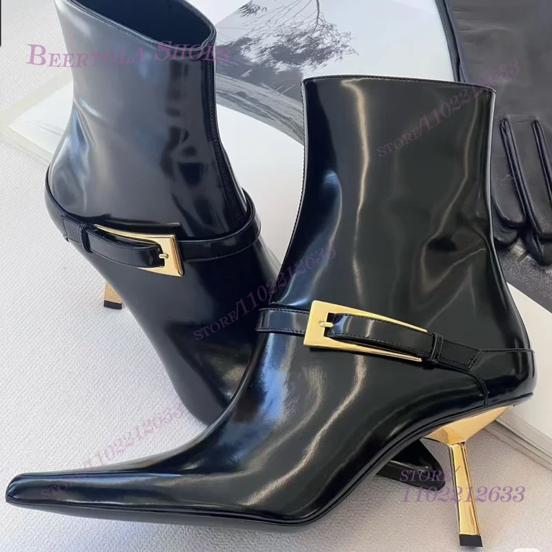 

Glitter Slanted Metal Buckle Heel Patent Leather Black Ankle Boots Women Sexy Sparkly Dresses Elegant Zip Belt Buckle Shoes