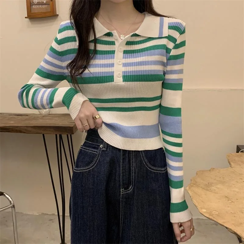 Patchwork Stripe Knitwear Sweater Women's Commuter Long Sleeve Button Pullover spring Autumn Basic Sweaters Slim Female Tops