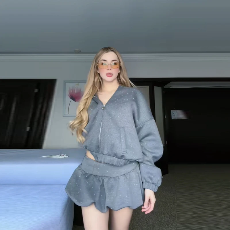 الخريف الشتاء حجر الراين مقنعين سترة تنورة مجموعات فاخرة فضفاضة قلنسوة بسحاب معطف تنورة صغيرة 2025 جديد سيدة حفلة Sweatsuits #1