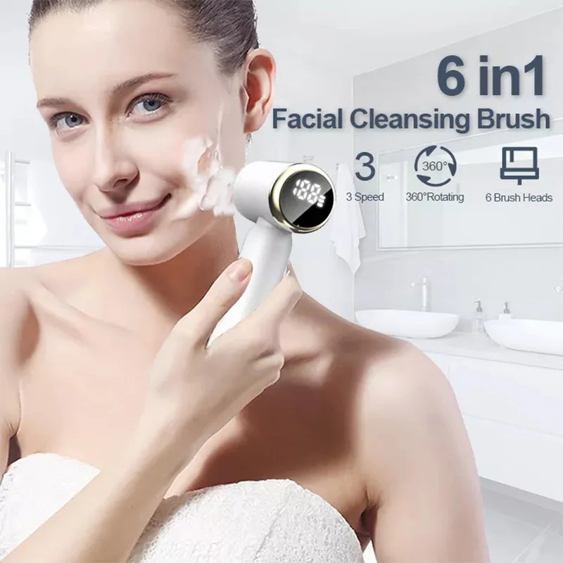 Hot Sell 6 In 1 Facial Cleaning Brush Waterproof Pore Cleanser Spin Roller Sonic Massager Silicone Electric Face Brush Cleanser