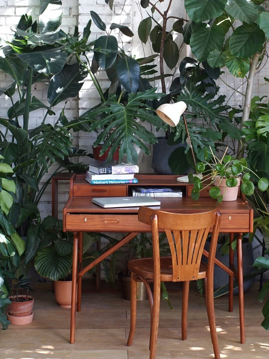 Teak forked study living room desk, medieval solid wood retro simple office desk