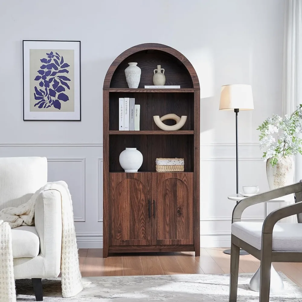 Mid-Century Rattan Door Display Cabinet - 69.3 Tall Rounded Bookcase with Open Shelves