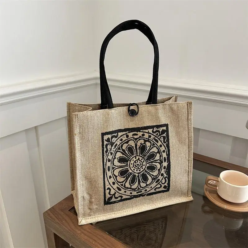 Eco Large Canvas Tote Bag Fashion National Pattern Vintage Durable Handbag for Grocery Shopping Weekend Getaway