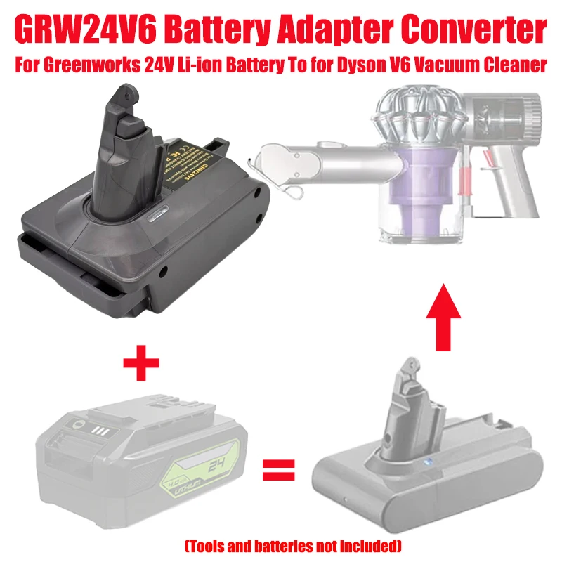 

Адаптер для аккумулятора пылесоса HAKSINKY GRW24V6 для литиевых аккумуляторов Greenworks 24V, позволяющий использовать их с пылесосами Dyson V6.
