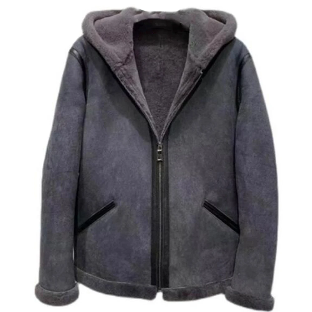 Denny&Dora Sheepskin Bomber Jacket Sheepskin Jacket Hooded Short Sheepskin Coat For Men