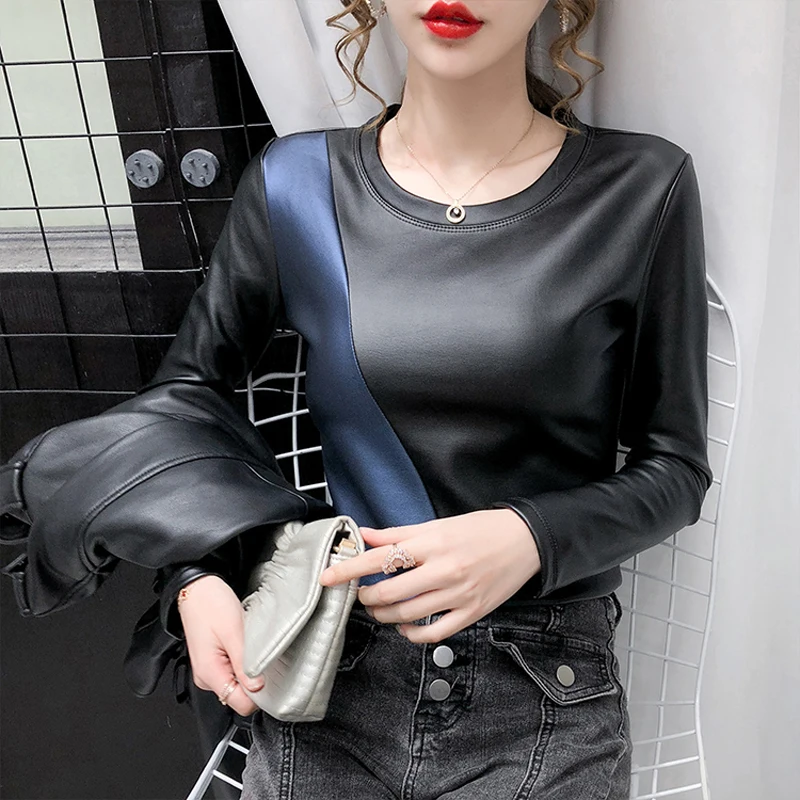 Autumn Winter Warm Shirts Women O Neck PU Leather Thicken Velvet Slim Tops Long Sleeve Elasitc Blouse Spliced Patchwork Blusas