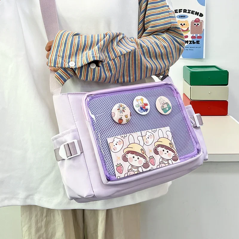 Cute Blue Ita Bag with Clear Front Window and Display Pocket for Custom Anime Pins, Badges, Keychains, and Kawaii Charms