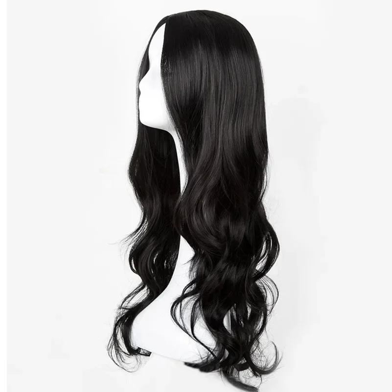Fei-Show Black Wig Synthetic Heat Resistant Fiber Long Curly Middle Part Line Hair without bangs European African Women Wigs