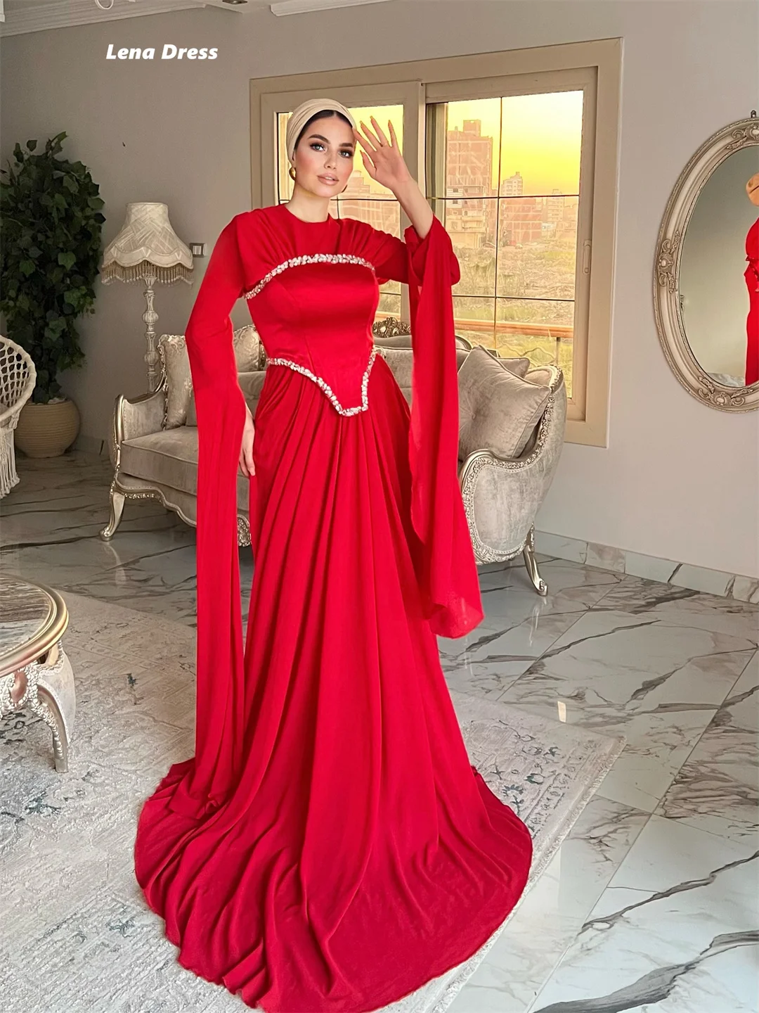 Lena Long Sleeves Luxurious Women's Evening Dresses for Special Occasions Elegant Woman Party Dress Round Collar Muslim Gem Prom