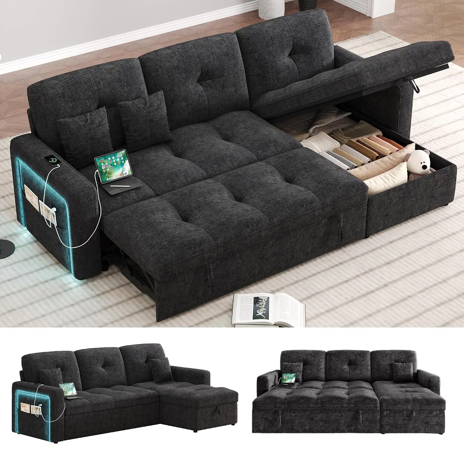 Aliexpress 81'' LED L-Shaped Sectional Couch for Living Room, Sleeper Sofa Bed, Black | Comfy Chenille Cloud Couch, Pull Out, Customized - Aliexpress Deal
