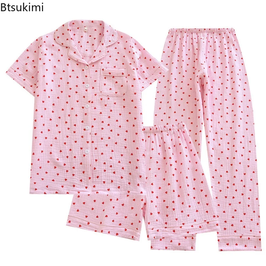 新しい春と夏の女性のパジャマ 3 点セット半袖 + ショートパンツ + ズボン綿 100% ガーゼラブプリントホームウェアセット