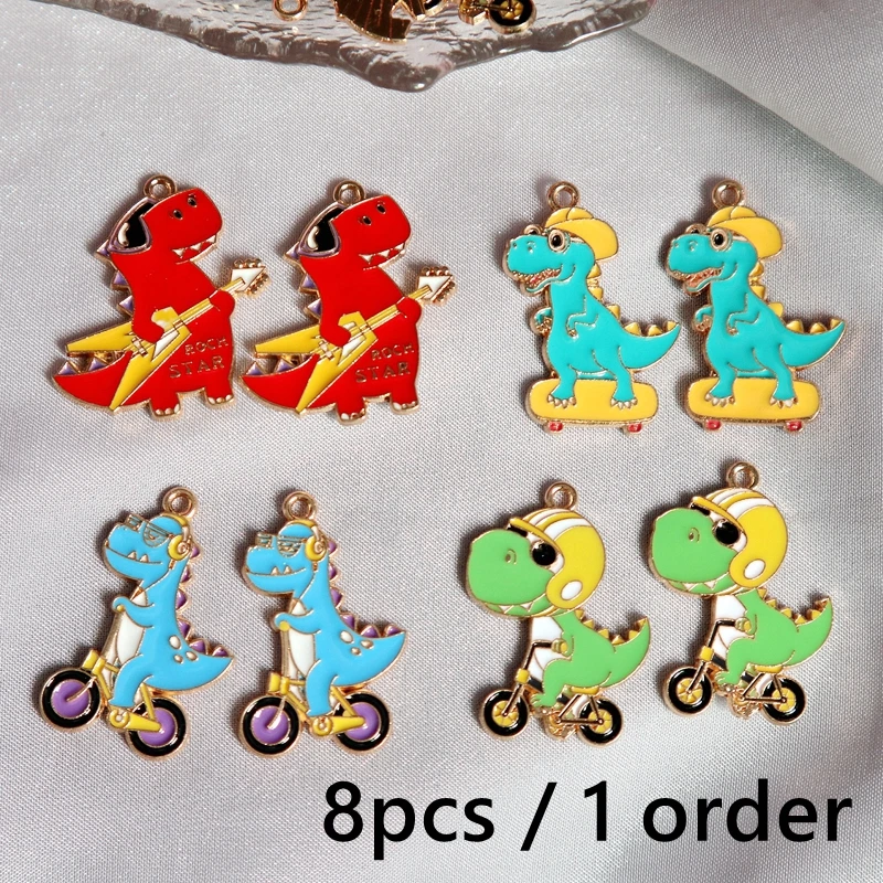 

8PCS Fashion Funny Popular Cool Dinosaur Metal Pendant Casual Sport Enamel Alloy Charms DIY Necklace Bracelet Keychain Accessory