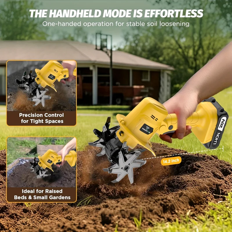 20V Cordless Cultivator Garden Tiller 9Inch Width 6.6Inch Depth Handheld Rotary Tiller with 1/2 Battery