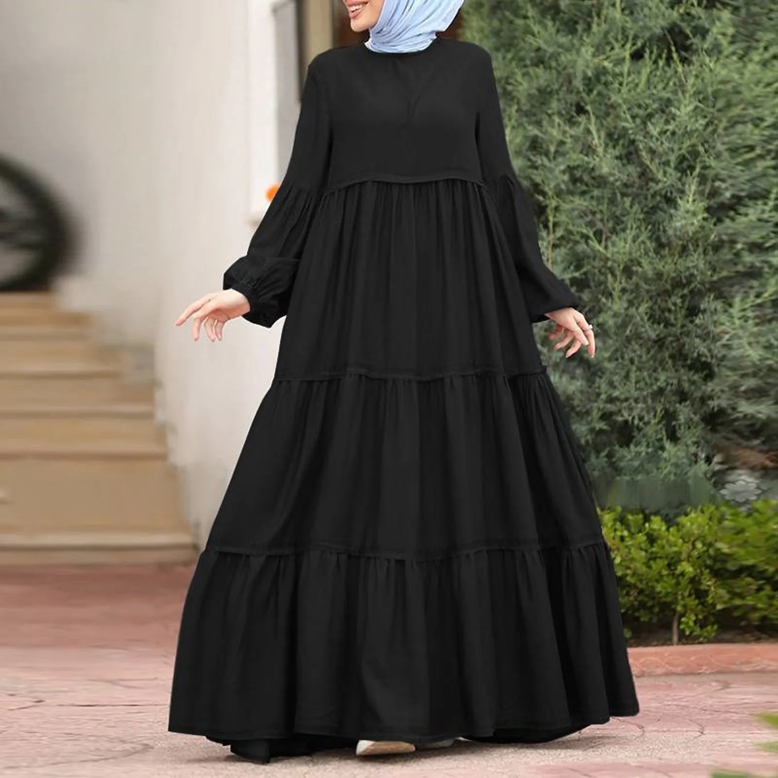 

Women's Spring Sundress Fashoin Muslim Ruffle Dress 2024 Casual Patchwork Puff Sleeve Maxi Vestidos Female Button Robe