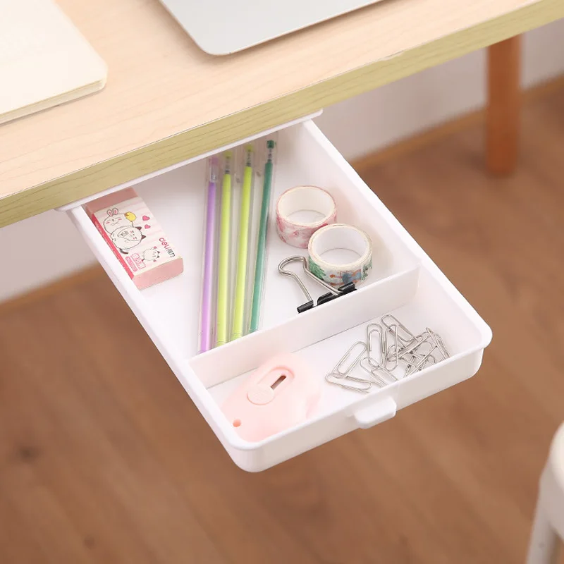 Under Table Drawer Hidden Tray Office Desk Stationery Storage Box Pen Storage Organizer Punch Free Storage Drawer Saving Space