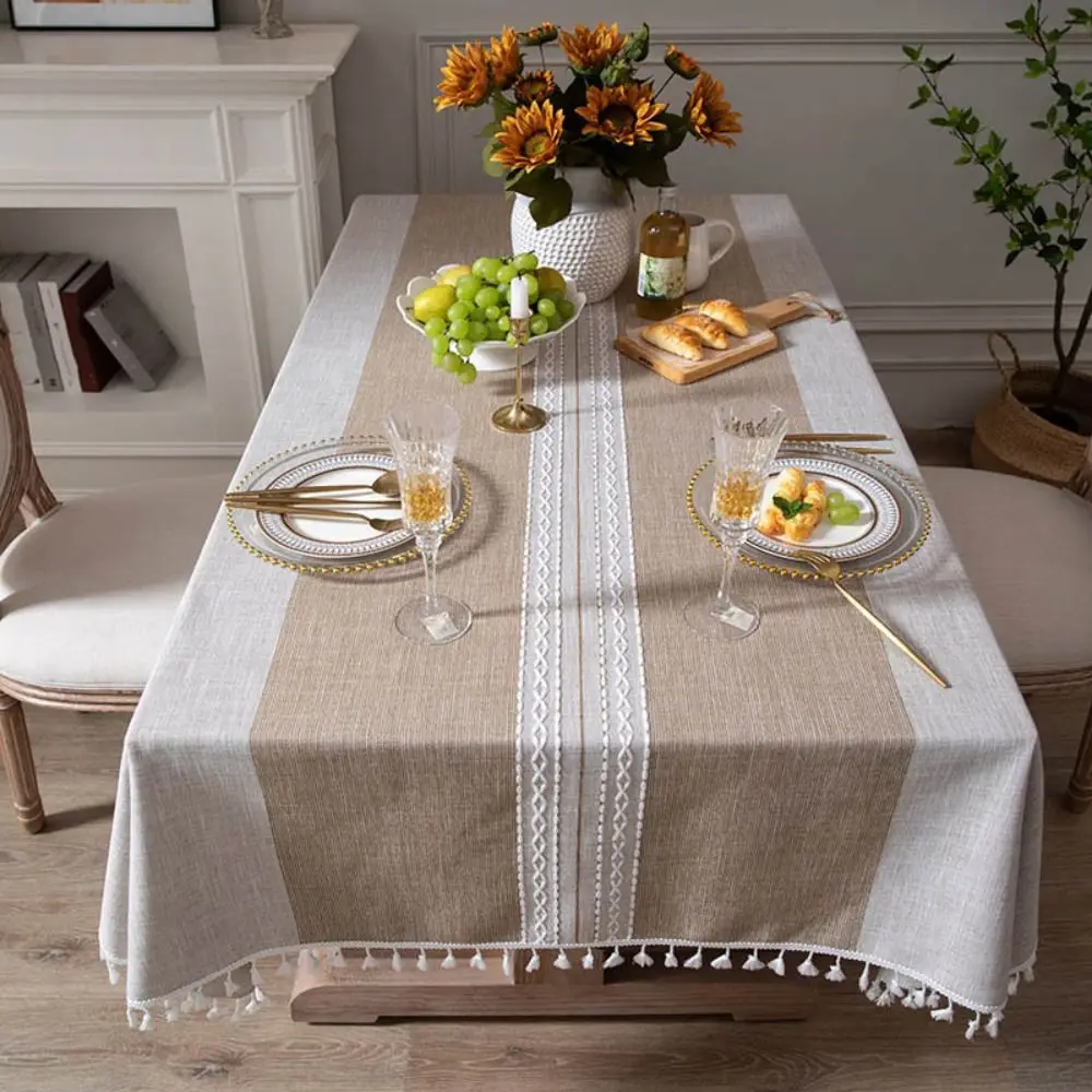 

Tassel Edge Interweaving Grid Tablecloth French Rustic Rectangular Restaurant Tablecloth Washable Dust Cover