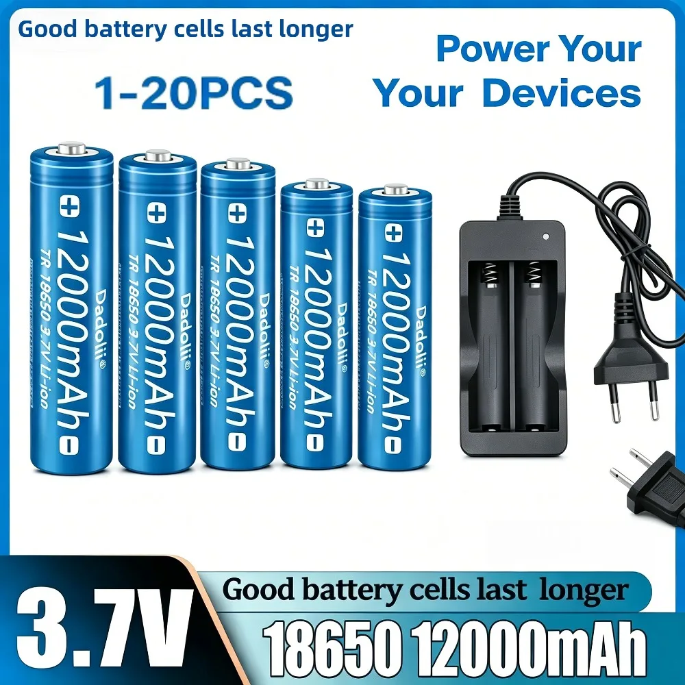 

12000mAh 18650 Rechargeable Li-ion Battery & Charger Kit, 3.7V Li-ion with EU/US Plug, Safe for Air Travel, for Flashlight, Toy