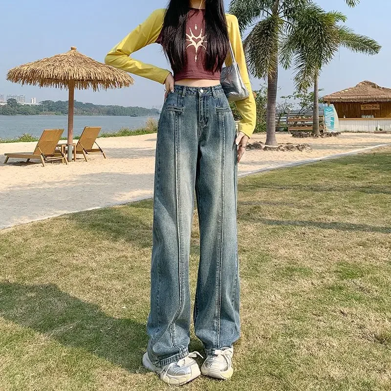 

Retro Wide-leg Jeans Women 2024 Spring and Summer New High-waisted Slimming Straight Leg Loose Design Sense of Mopping Pants