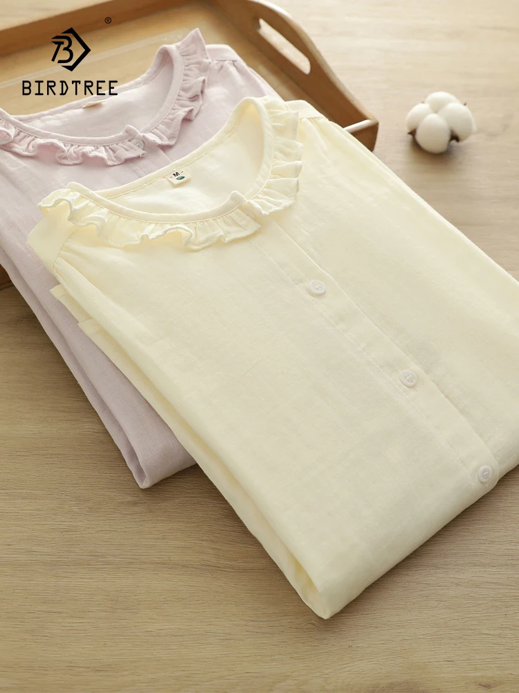 

New 2025 Autumn Cotton Yarn Long Sleeve Shirt, Women Stand Ruffles Patchwork, Mori Girl Retro Comfortable Loose Blouse T570106CC