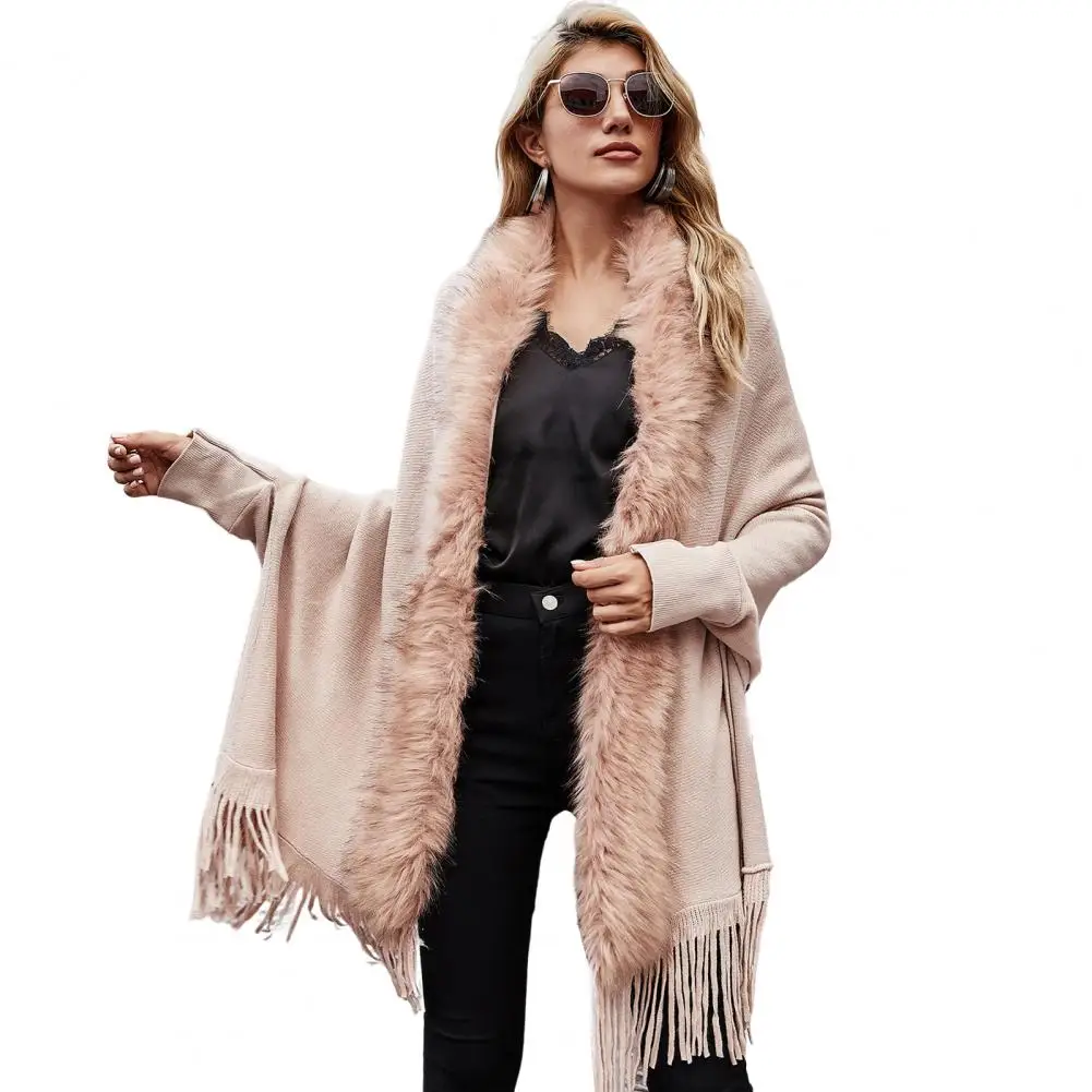 Fake Fur Collar Cardigan Poncho Tassel Solid Coat 2021 Women Casual Loose Shawl