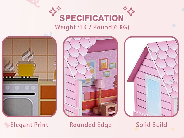 مجموعة لعب مكونة من 3 قصص مع أثاث غرف متعددة كوخ الدمية للفتيات بعمر 3 سنوات لعب الأدوار كوخ الدمية الوردية #3