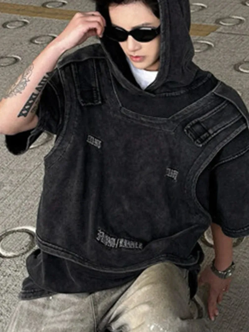 Men's T-shirts New Summer Short Sleeves Hooded Design Embroidered Water Washed Fake Two-piece Stylish Male Tees 9WEKUA