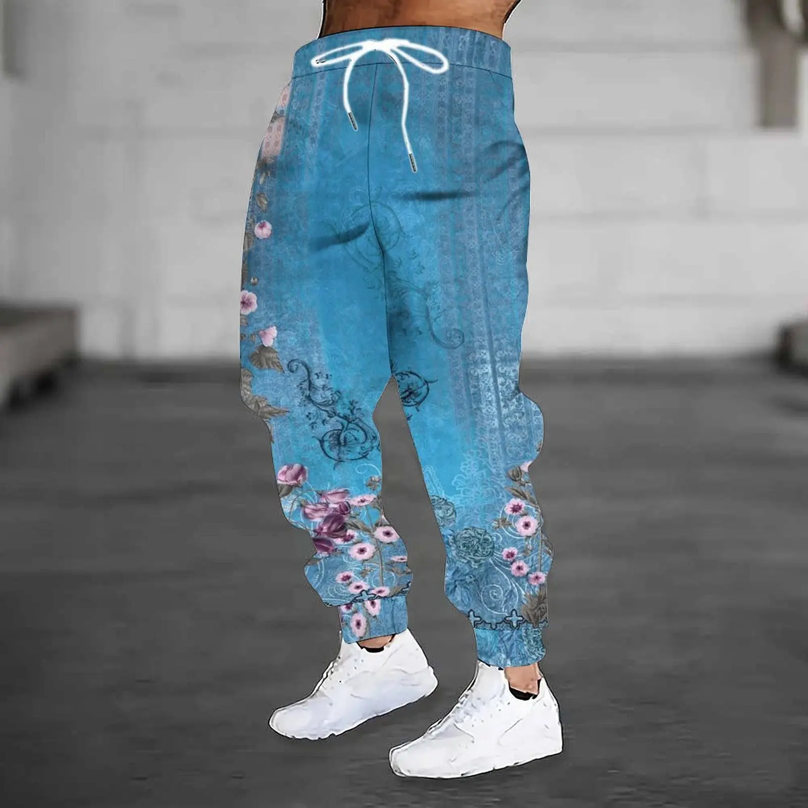 Fashion Men 3D Print Joggers Black Base Cyan Paisley Graphic Drawstring Waist Loose Hip Hop Casual Sport Long Trousers Oversize