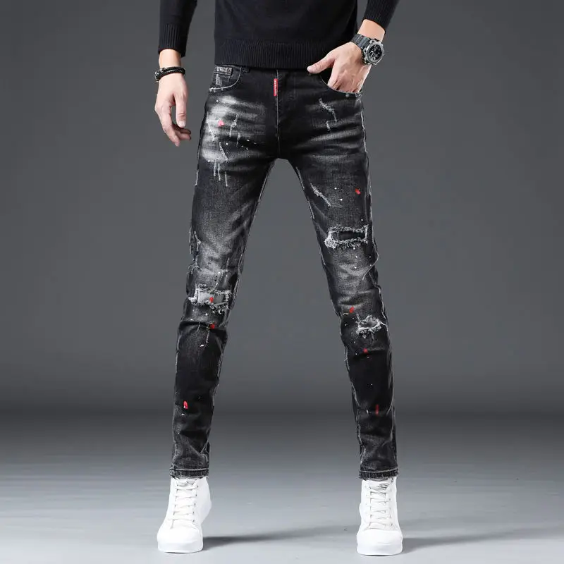 Nieuwe Aankomst Lente Herfst Denim Jeans Voor Mannen Slanke Distressed Gescheurde Broek Verf Spetter Design Streetwear Luxe Slanke Jeans