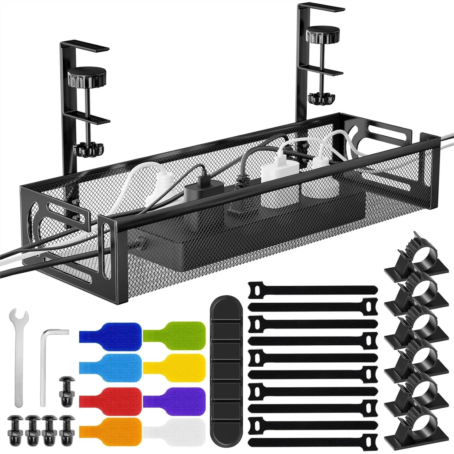 

No Drill Under Desk Cable Management Tray 15.7 Inch Cord Organizer For Table Clamp Mount Carbon Steel Wire Cable Tray For Office Home Black