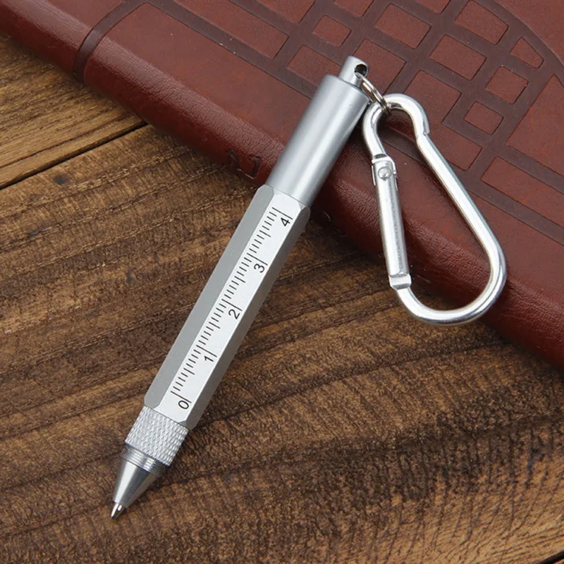 6 In 1 Tool Pens Small Ballpoint Rotating Metal Pens Screwdriver Hexagonal Touch Screen Carabiner Scale Keychain Writing Tools