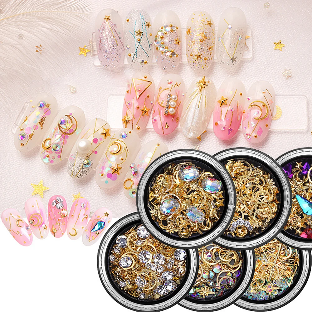 6 Boxes Nail Art New Star Moon Jewelry Rivet Mixed Set Metal Copper Sheet 3D Nail Rhinestones Studs Gold Nail Diamond Decoration