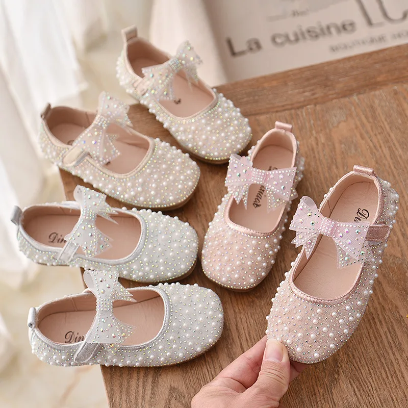 2023 New Girl's Princess Shoes Children's Fashion Bow Rhinestone Sequin Kids Shoe Baby Girls Party Student Flat Leather Shoes