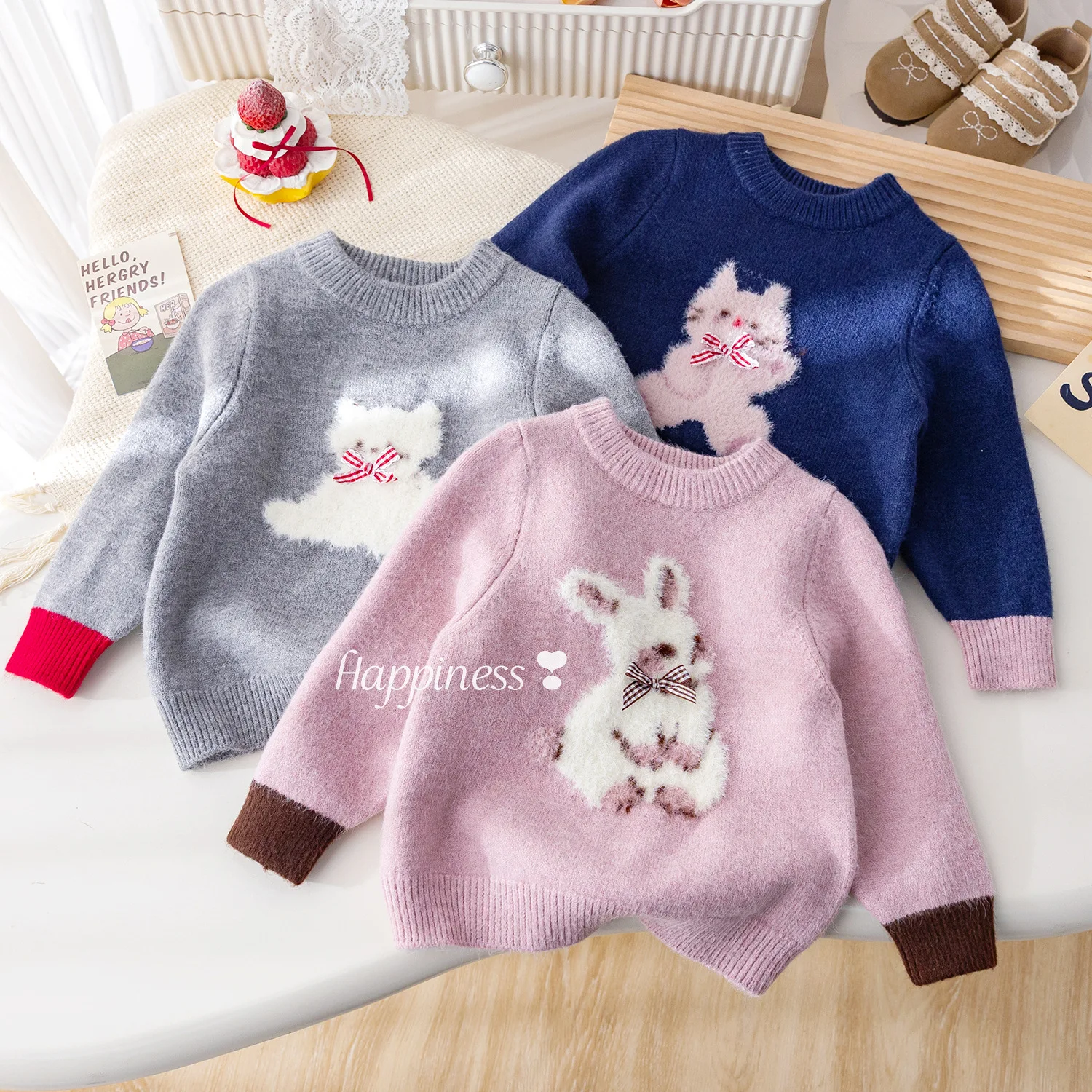 

UNITIM Kids Baby Girl Sweater Winter Rabbit Jacquard Thicken Warm Toddler Girl Knitwear Versatile Contrast Infant Girl Pullovers