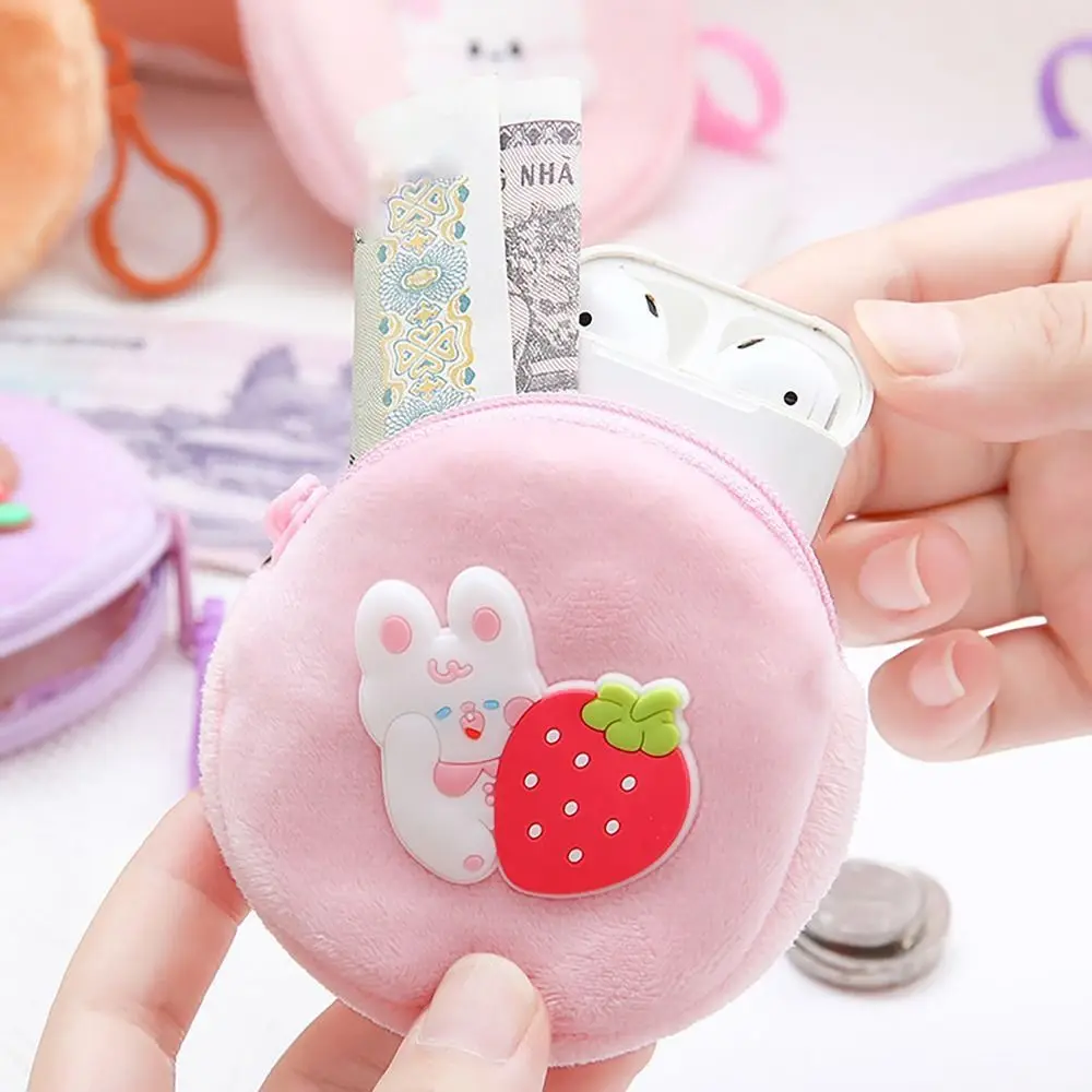 Cute Plush Coin Purse com gancho para meninas, Saco de dinheiro remendado dos desenhos animados, Saco de fone de ouvido