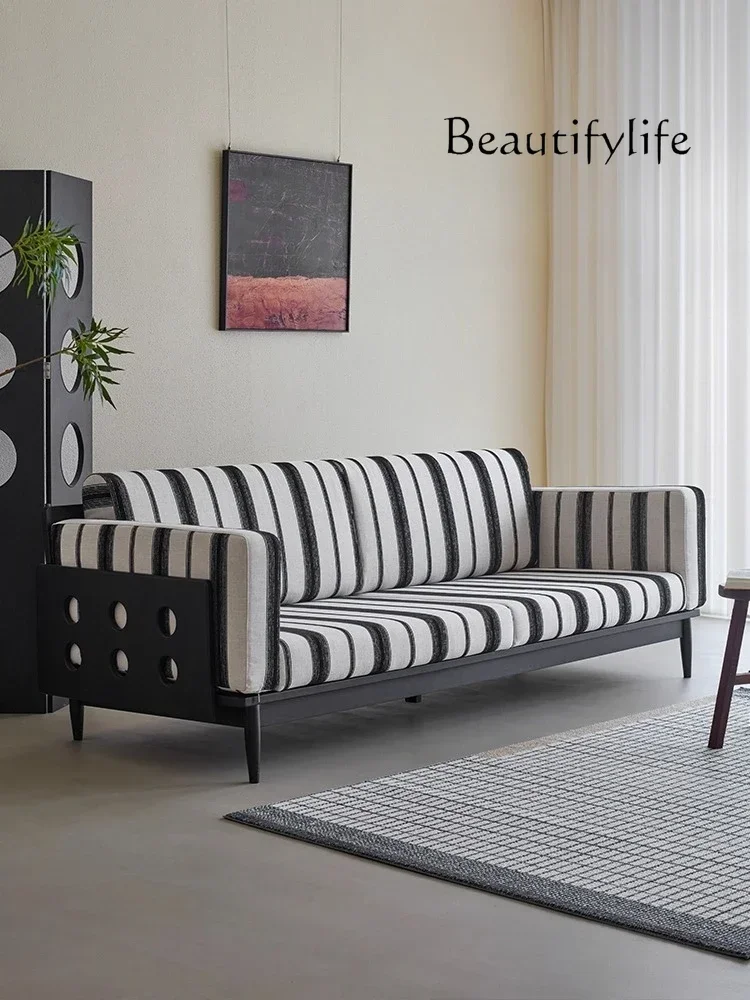 A44 mM Solid wood fabric sofa retro black medieval ash wood living room three-person straight row sofa removable and washable