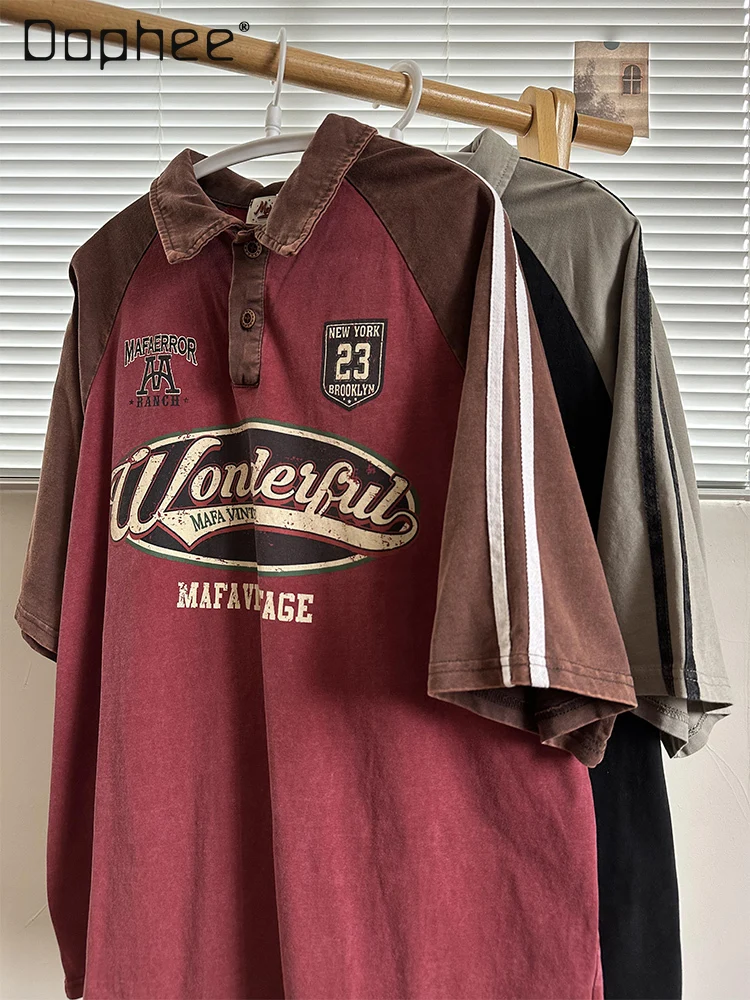 

Летняя и осенняя свободная мужская красная футболка в американском ретро-стритском стиле с коротким рукавом в студенческом стиле, черный топ с длинными рукавами для пары