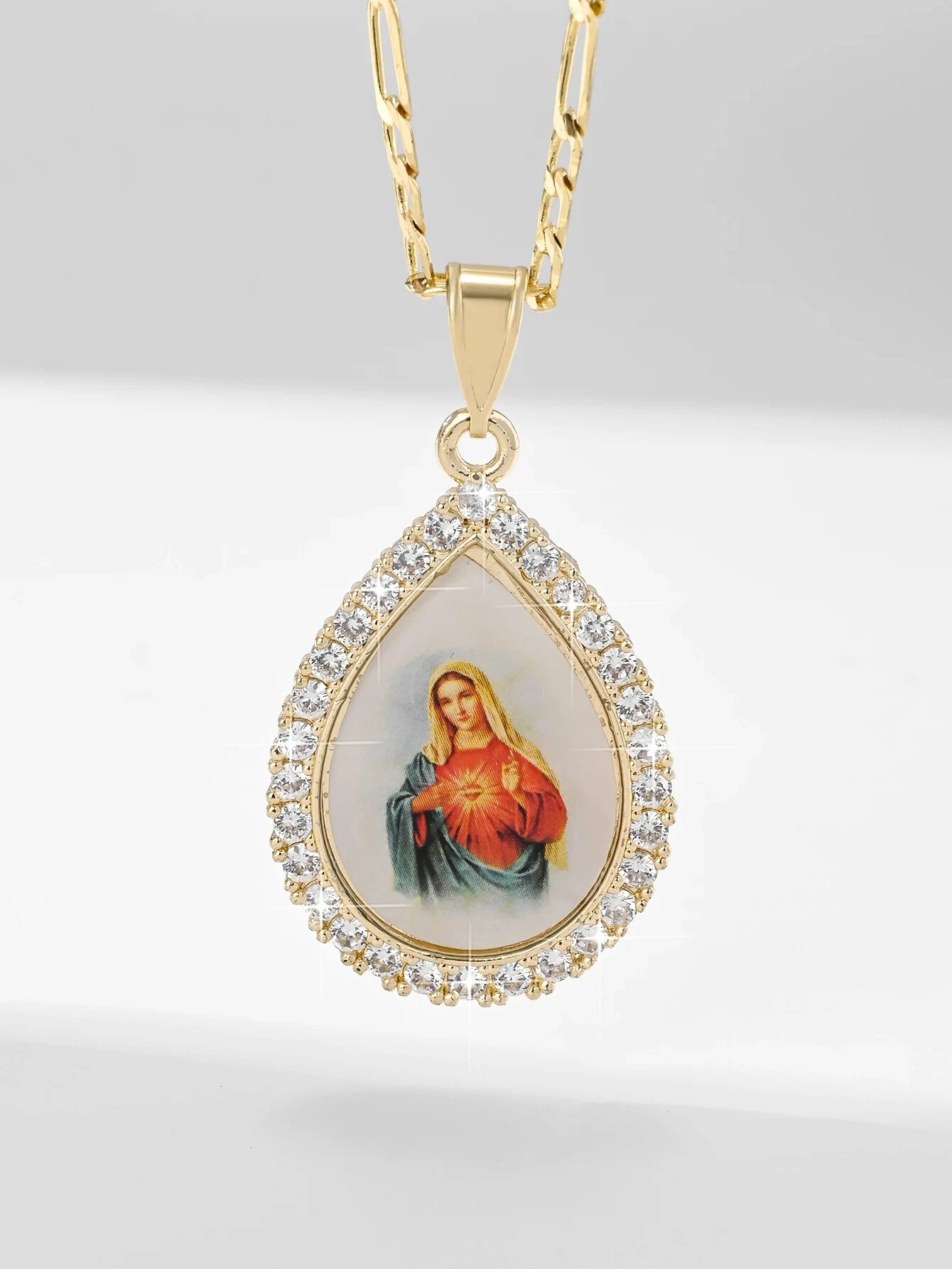 

Virgin Mary Catholic Necklace Teardrop Shape Pendant 14K Gold Plated miraculous medal for Women Our Lady Of Guadalupe Chain