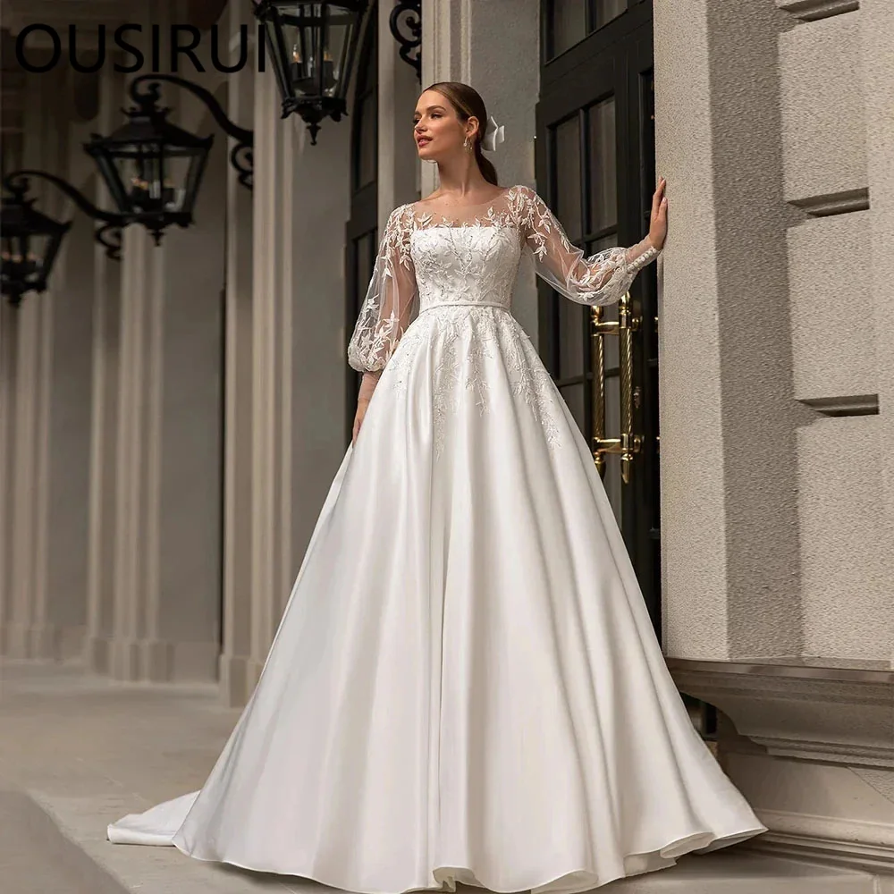 

OUSIRU Sheer-Neck Appliques Lace Ball Gown Wedding Party Dress with Long Illusion Sleeve Court Boho Wedding Gown Vestido de