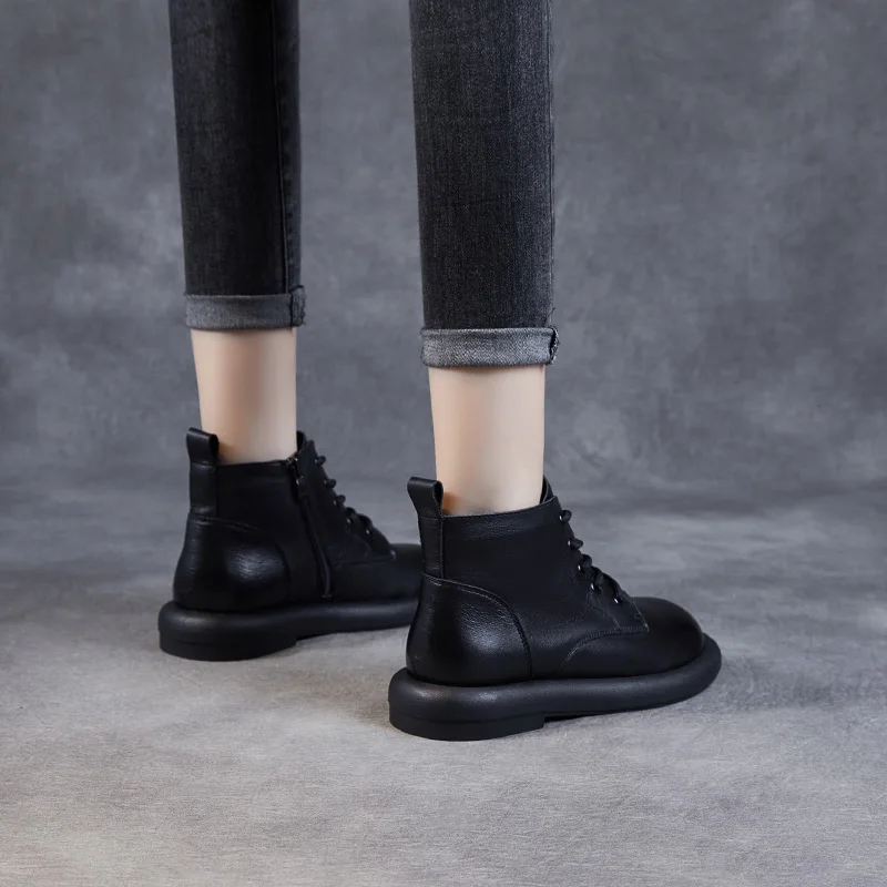 DRKANOL Autumn Winter Warm Flat Heel Ankle Boots For Women Handmade Retro Round Toe Genuine Leather Comfort Casual Short Boots - view 6