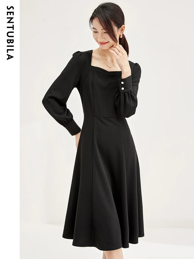 

SENTUBILA Square Collar Elegant Dress for Women 2024 Autumn Fall Fashion Ladies Long Sleeve Flared Midi Black Dress 133L51336