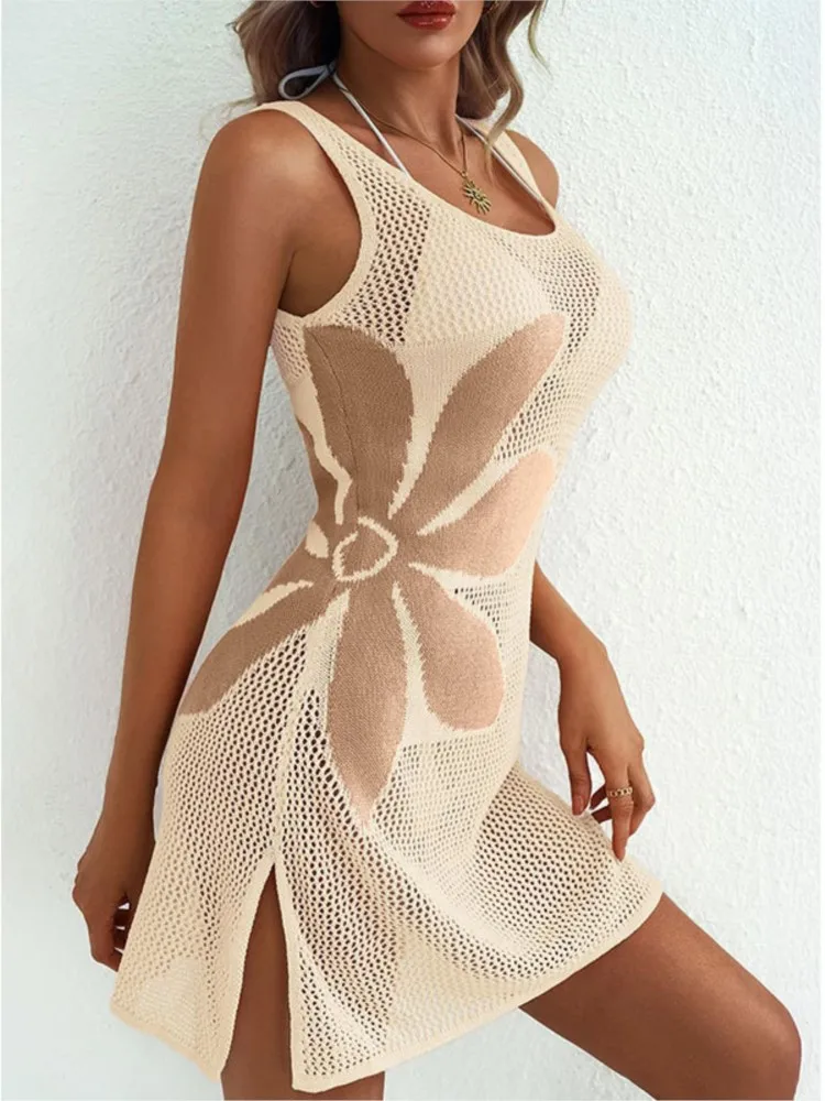 Robe de plage en tricot pour femmes, Sexy, ajourée, col rond, sans manches, Cover-Up pour Bikini, robe de vacances, été, 2026