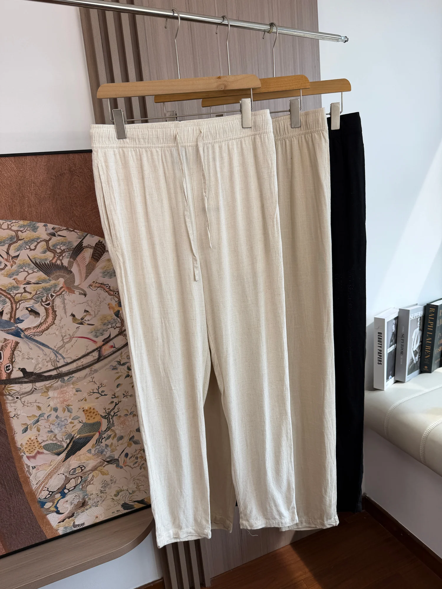 Men's Casual Wide Leg Pants Summer Lightweight Linen Trousers High Draping Mixed Cotton Linen Fabric Micro Flared Trousers